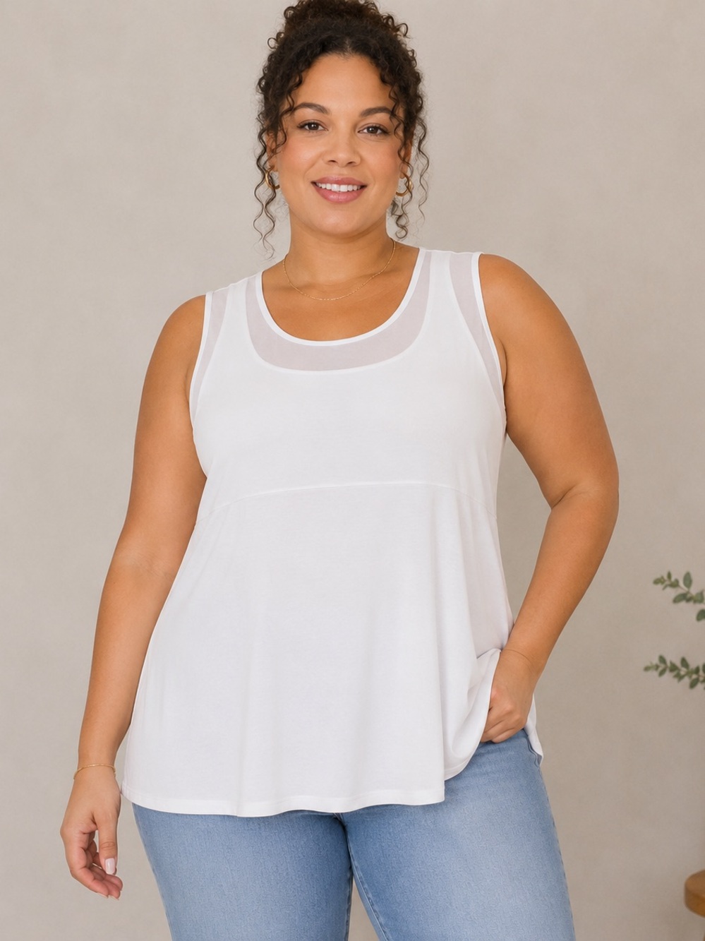 Blue Sky Bamboo White Layered Mesh Tank Top